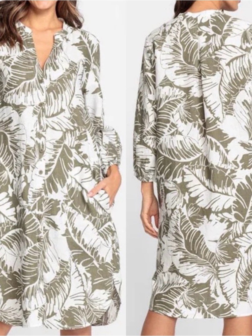 Olsen Germany 100% Linen Nature Bliss Leaf Print Shift Dress Size XL Lagenlook